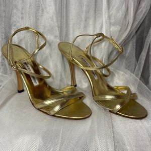 GOLD STRAPPY MANOLO BLAHNIK HEEL SANDALS SIZE 7-7.5